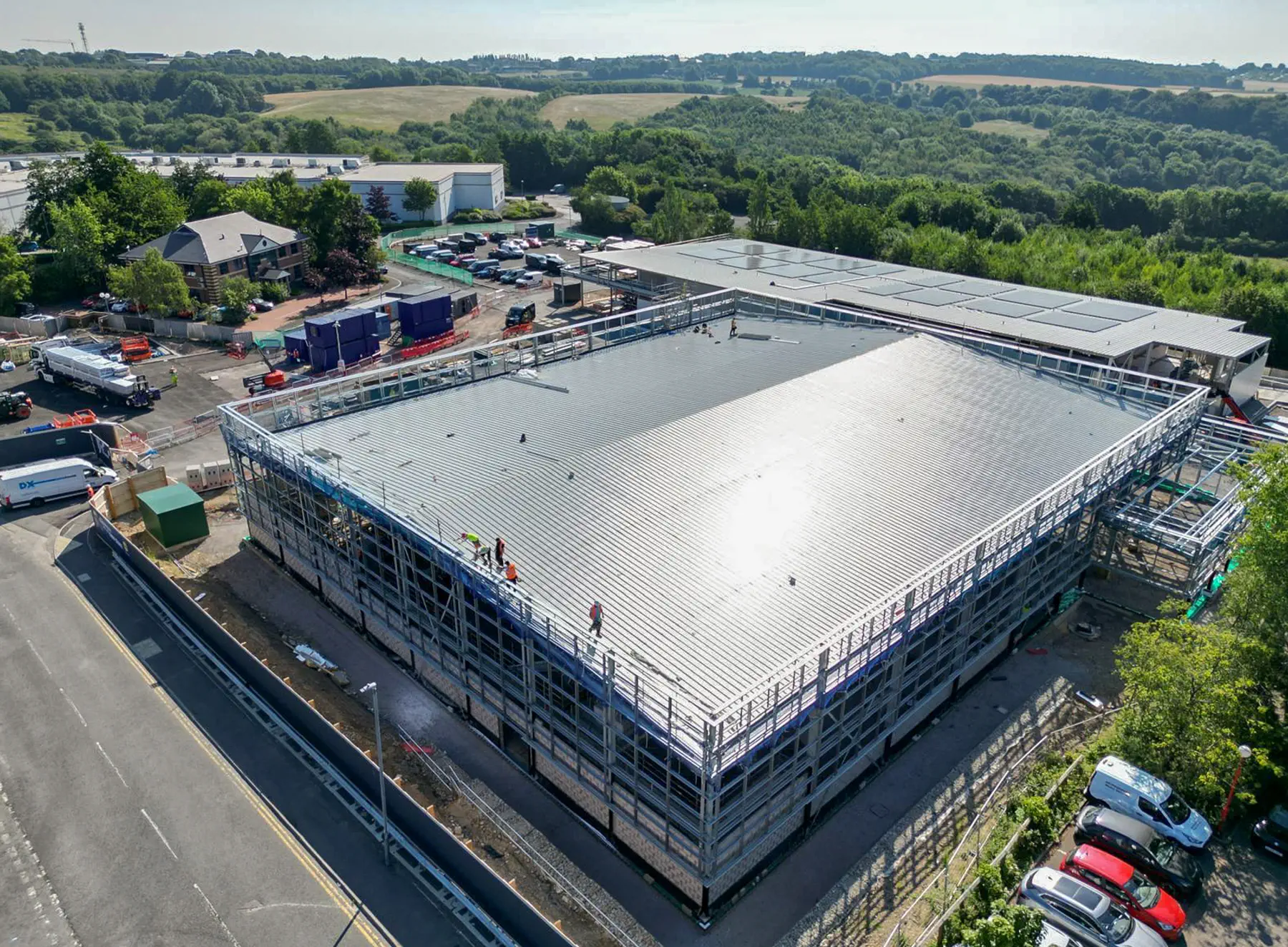 Lidl Telford retail construction project showing steel frame and roof installation